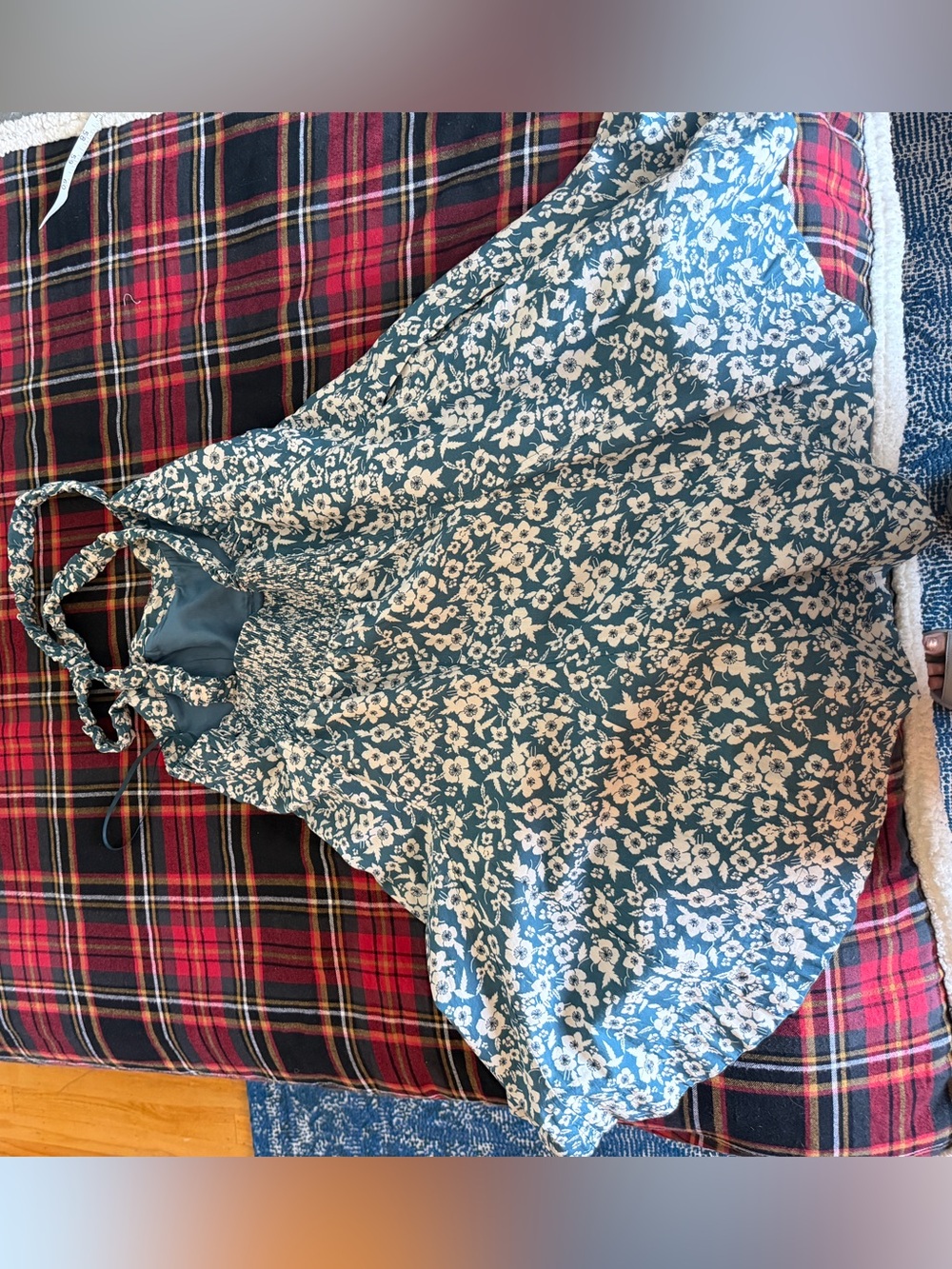 Floral Smocked Mini Sundress with elastic back, flared skirt, and pockets